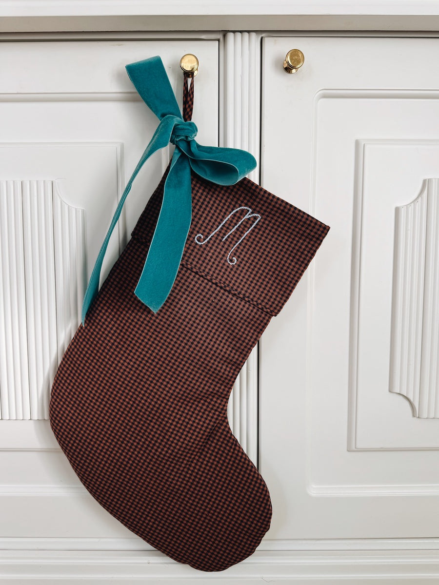 Christmas stocking indigo check