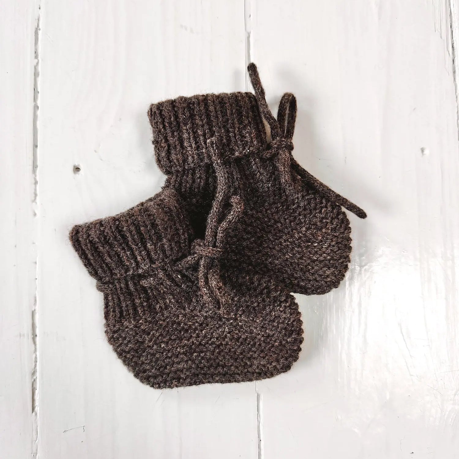 Lalaby knitted Alpha shoes for babies in chocolate brown merino wool