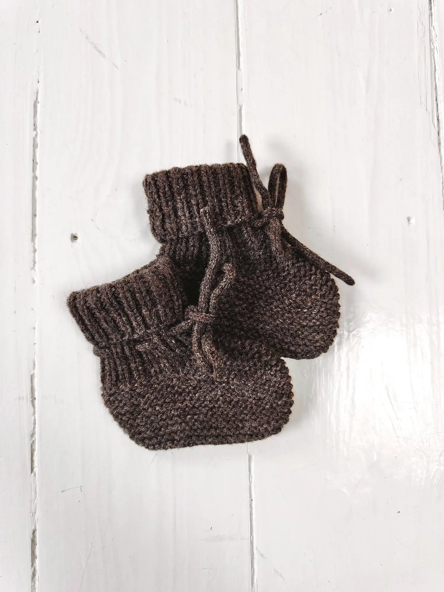 Lalaby knitted Alpha shoes for babies in chocolate brown merino wool