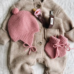 Lalaby baby outfit with knitted Bobo hat and Alpha shoes in sorbet pink cashmere