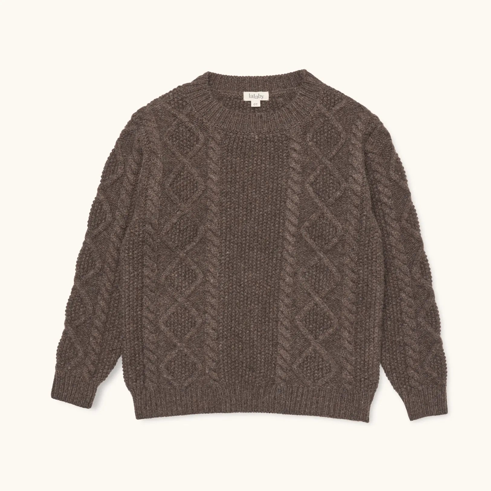 Lalaby Aran sweater for kids in chocolate brown merino wool