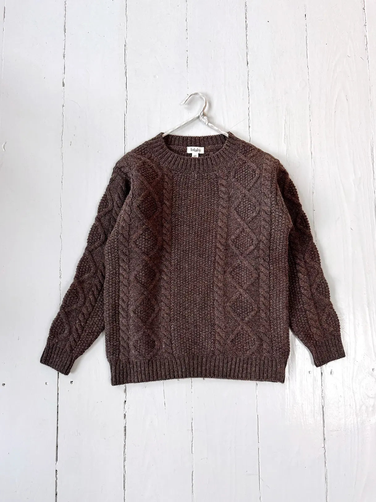 Lalaby Aran sweater for kids in chocolate brown merino wool