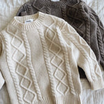 Lalaby Aran sweaters for kids in natural white and millet brown merino wool