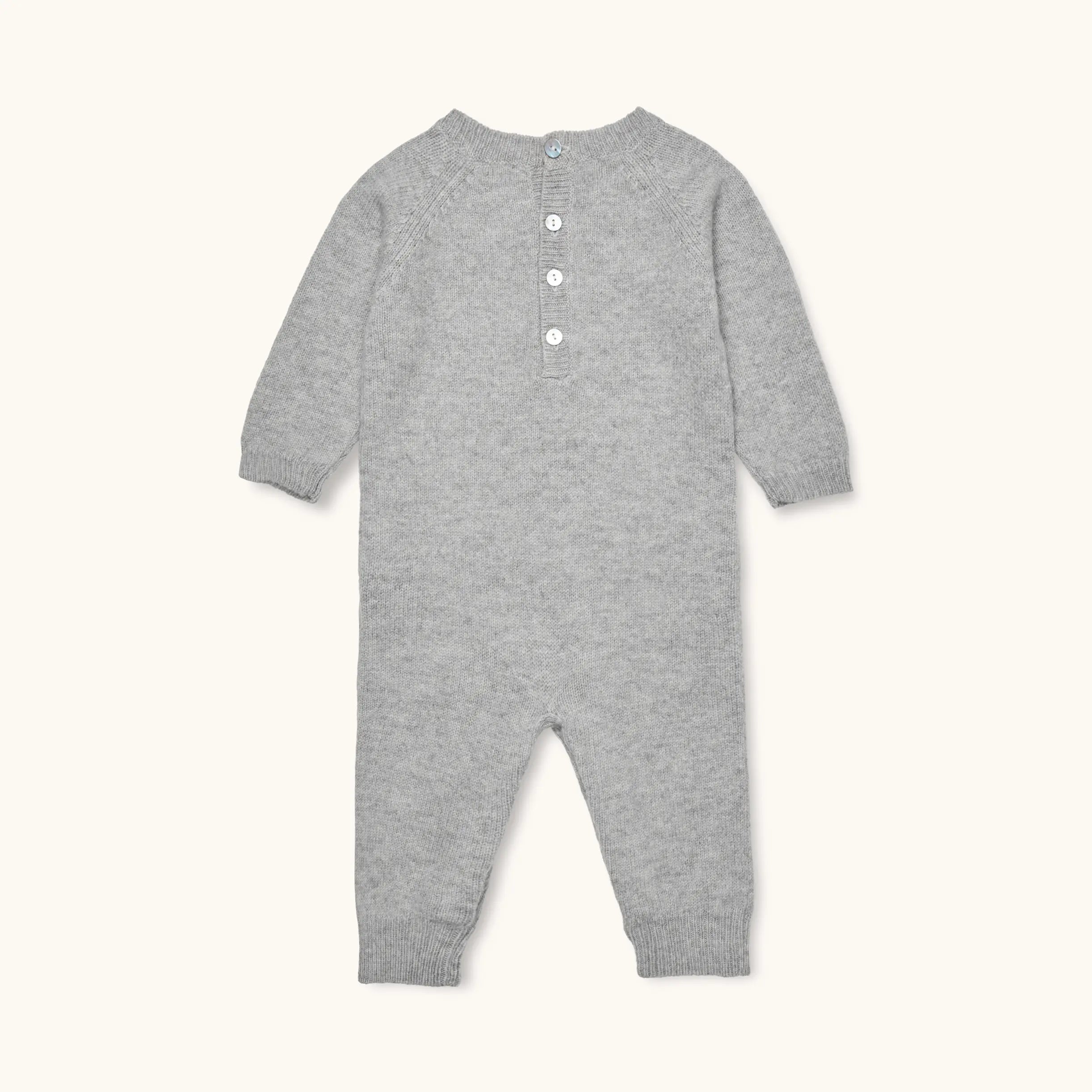 Lalaby Aspen jumpsuit for babies in a grey baby wool, yak and cashnere blend 