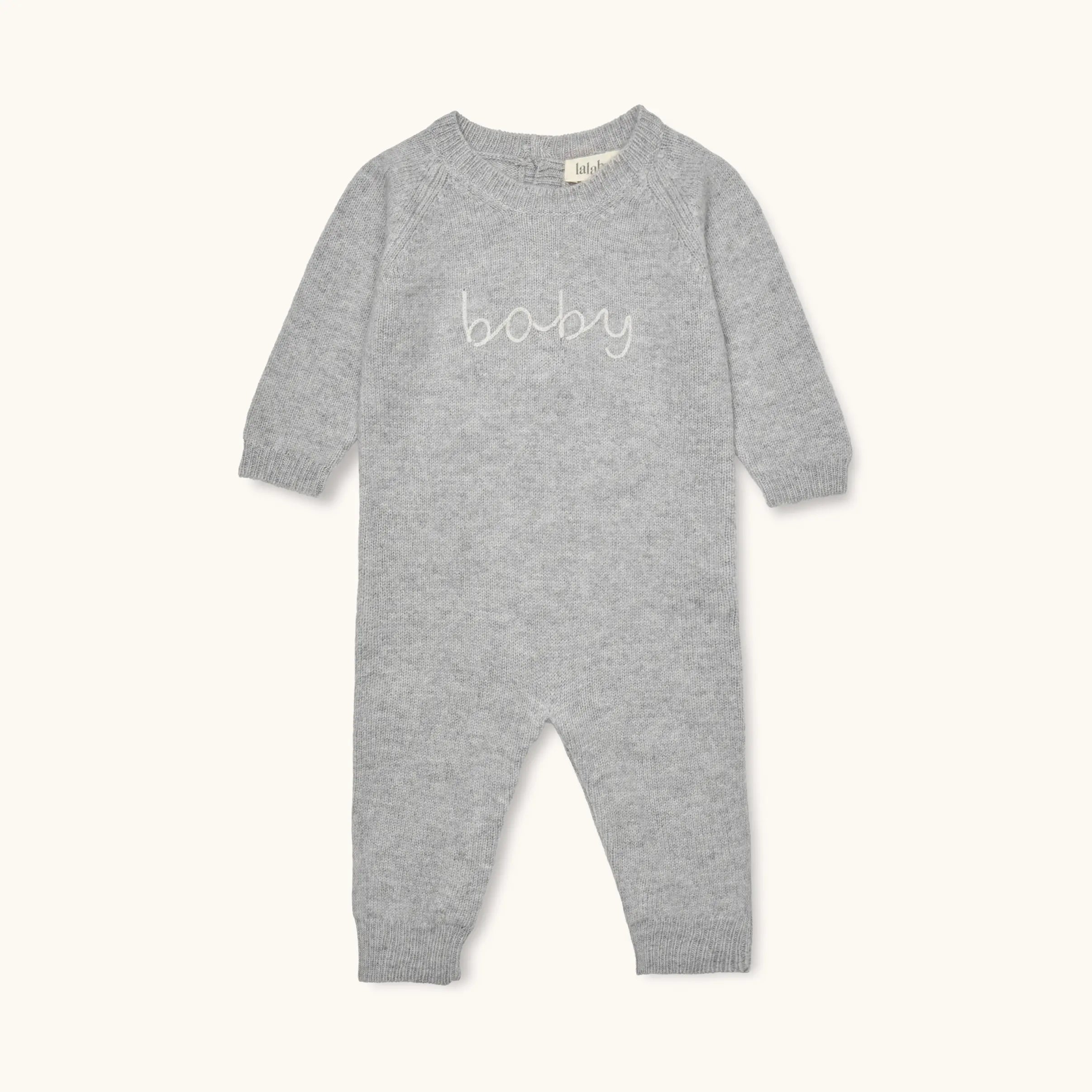 Lalaby Aspen jumpsuit for babies in a grey baby wool, yak and cashnere blend 
