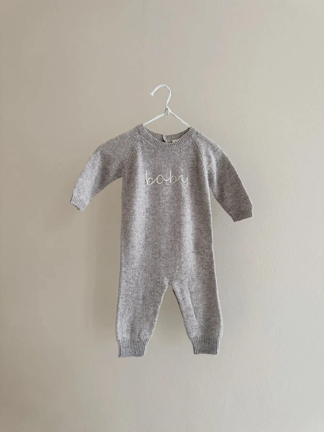 Lalaby Aspen jumpsuit for babies in a grey baby wool, yak and cashnere blend 