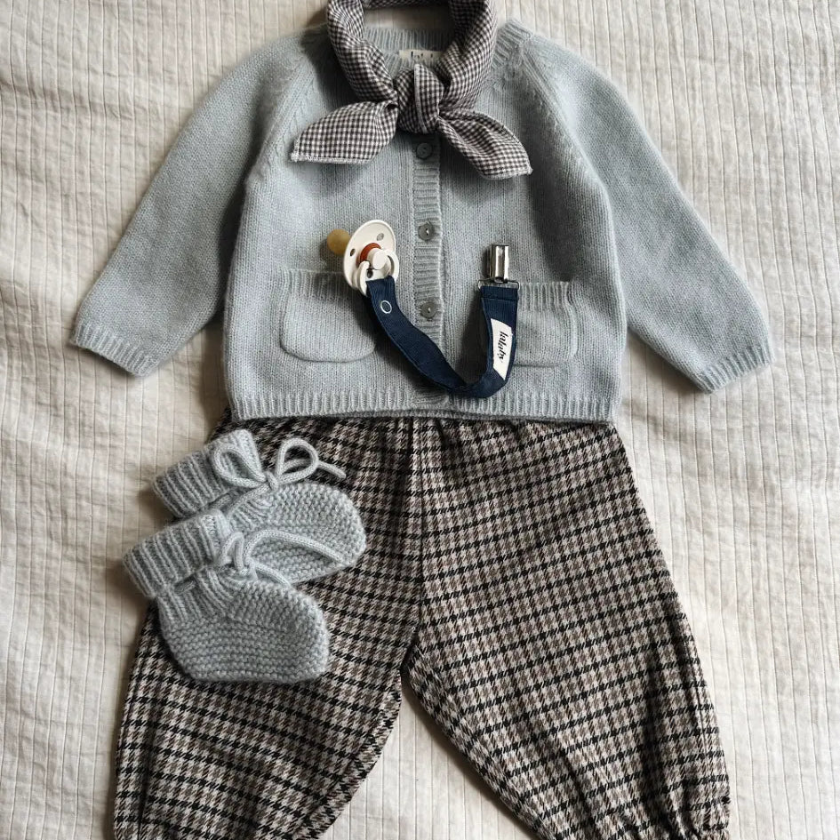Lalaby AW26 baby boy look in shades of bluey, tweedy, whale & tiny check brown