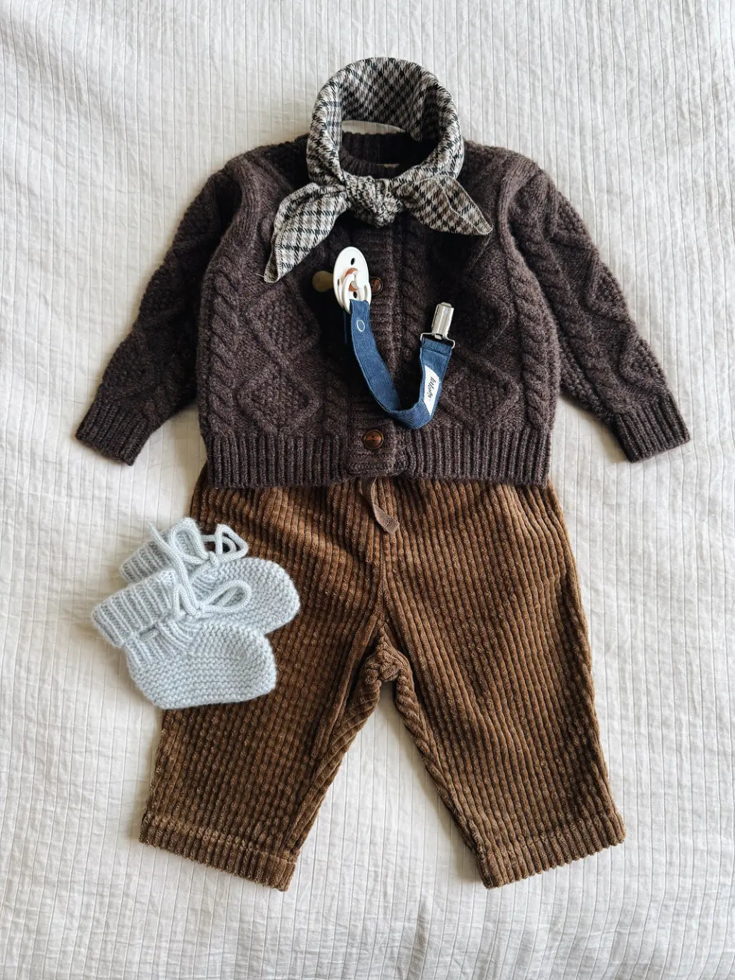Lalaby AW26 baby boy look in shades of chocolate, tweedy, cookie, whale & bluey