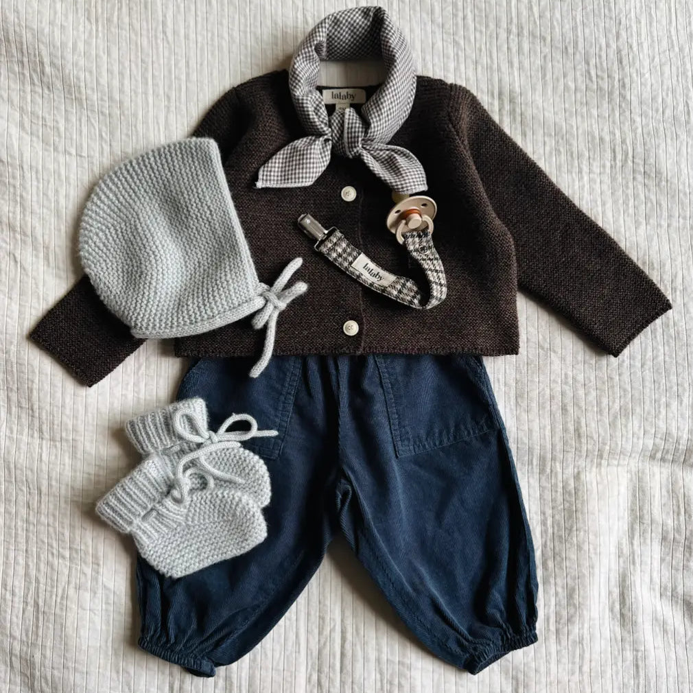 Lalaby AW26 baby boy look in shades of chocolate, whale, bluey, tweedy & tiny check brown