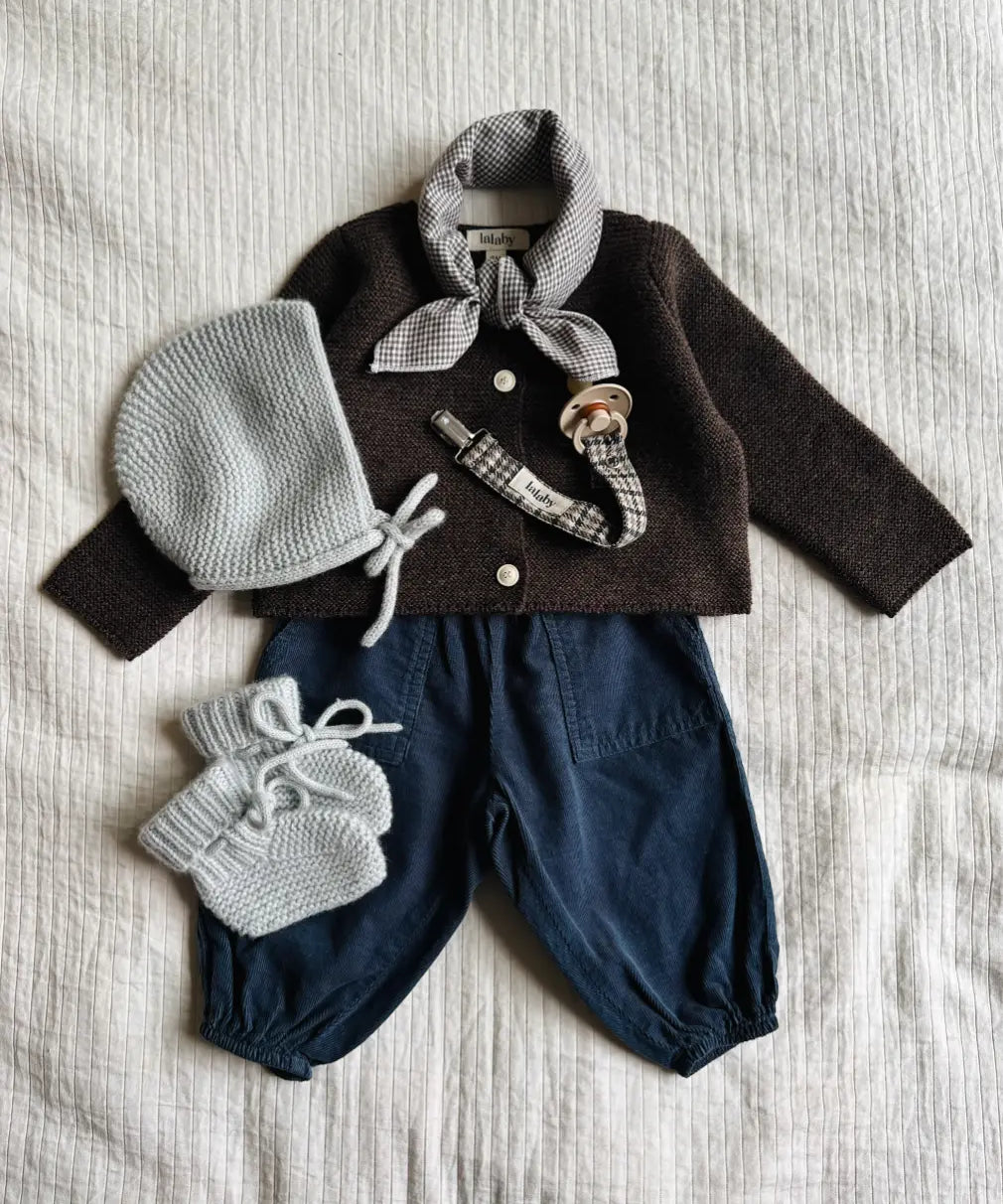 Lalaby AW26 baby boy look in shades of chocolate, whale, bluey, tweedy & tiny check brown