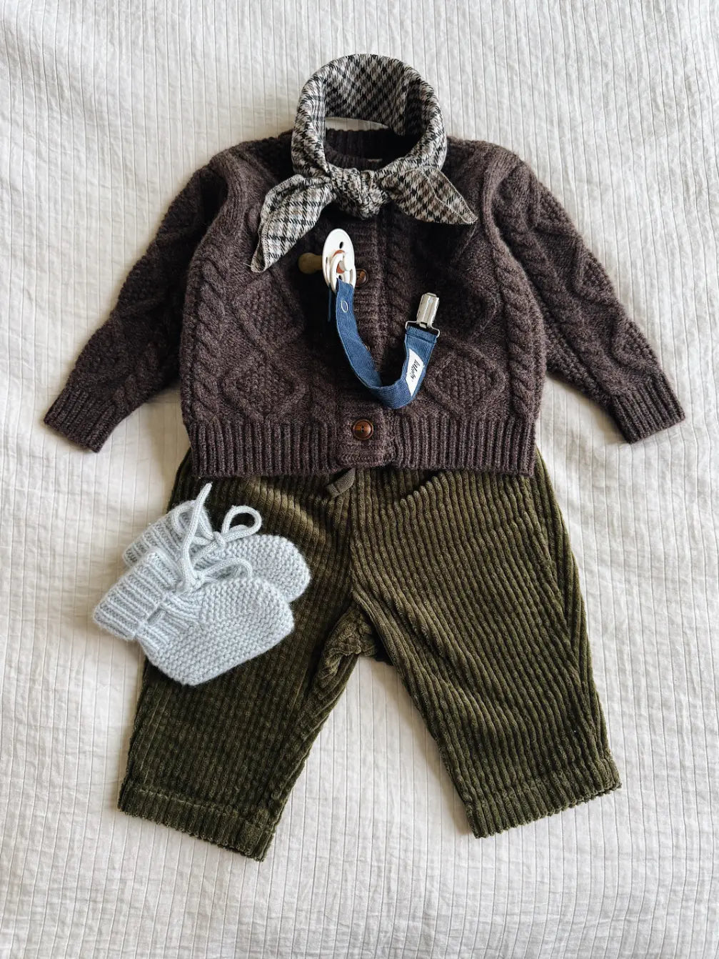 Lalaby AW26 baby boy look in shades of chocolate, forest, bluey, whale & tweedy