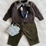 Lalaby AW26 baby boy look in shades of chocolate, forest, bluey, whale & tweedy