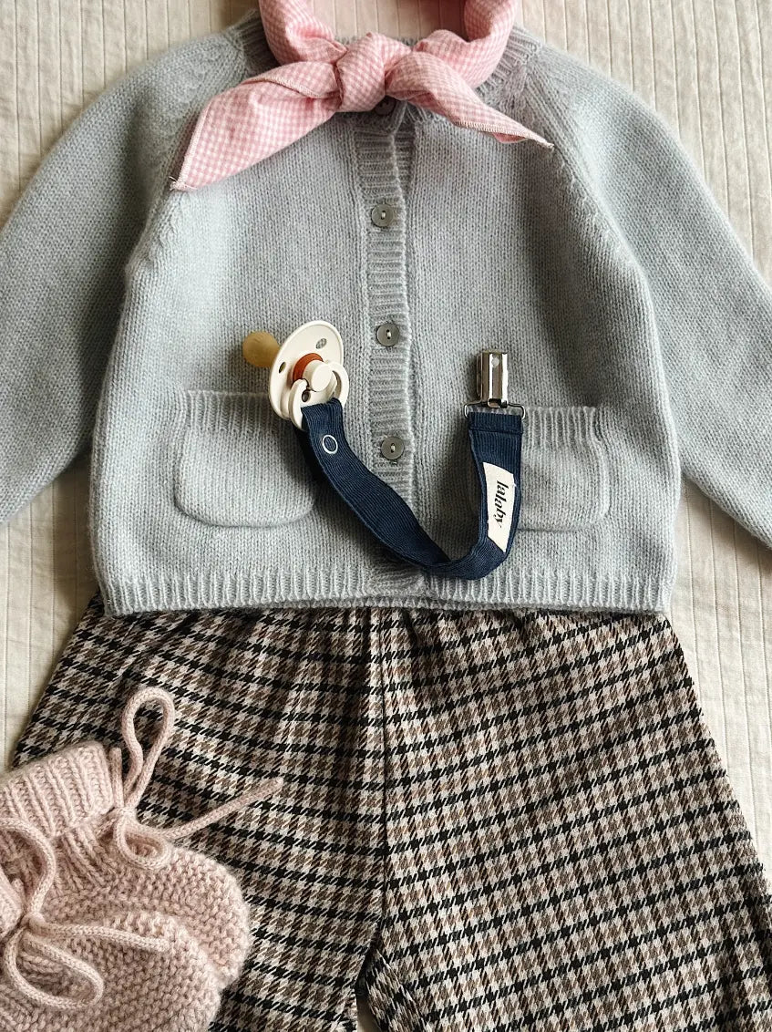 Lalaby AW26 baby girl look in shades of bluey, tweedy, powder, whale & tiny check pink
