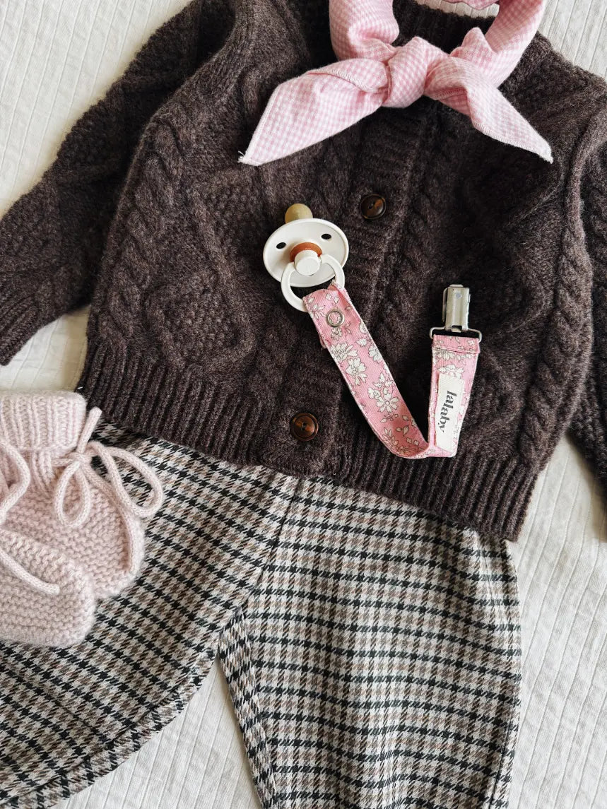 Lalaby AW26 baby girl look in shades of chocolate, tweedy, powder, pink flower cord & tiny check pink