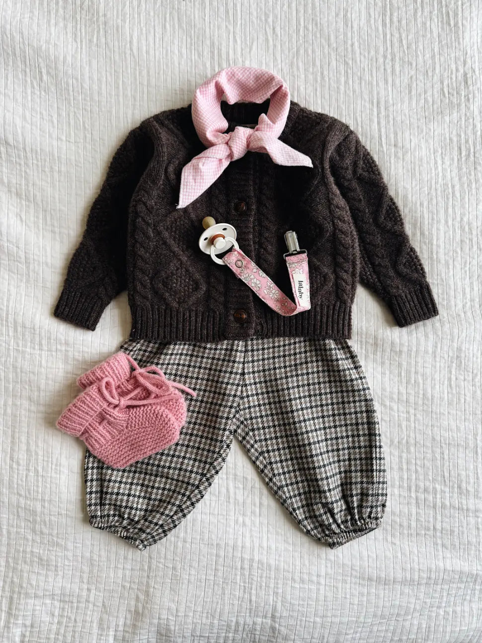 Lalaby AW26 baby girl look in shades of chocolate, tweedy, sorbet, pink flower cord & tiny check pink