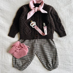 Lalaby AW26 baby girl look in shades of chocolate, tweedy, sorbet, pink flower cord & tiny check pink