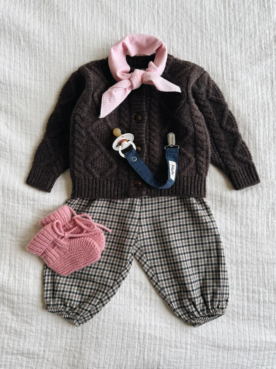 Lalaby AW26 baby girl look in shades of chocolate, tweedy, sorbet, whale & tiny check pink