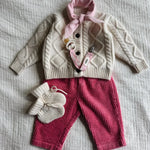 Lalaby AW26 baby girl look in shades of natural, flamingo, pink flower cord & tiny check pink