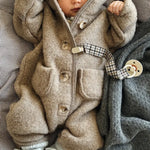 Lalaby baby boy look in shades of bluey, storm, hazel, tweedy and tiny check brown