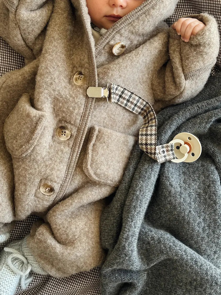 Lalaby baby boy look in shades of bluey, storm, hazel, tweedy and tiny check brown