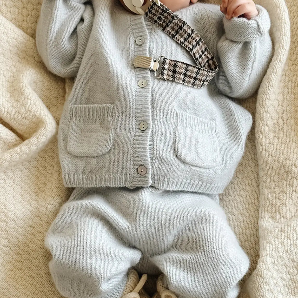 Lalaby baby boy look in shades of bluey, natural and tweedy