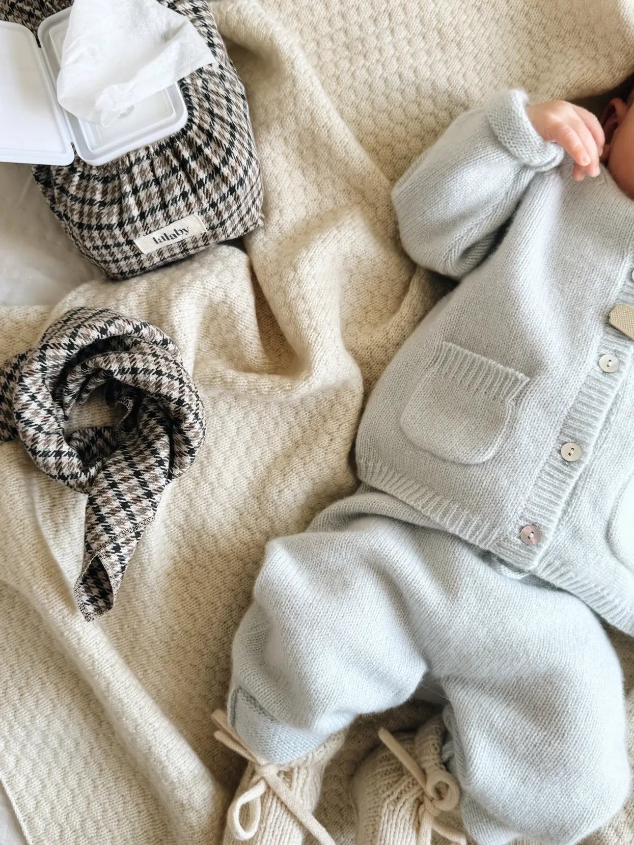 Lalaby baby boy look in shades of bluey, natural and tweedy