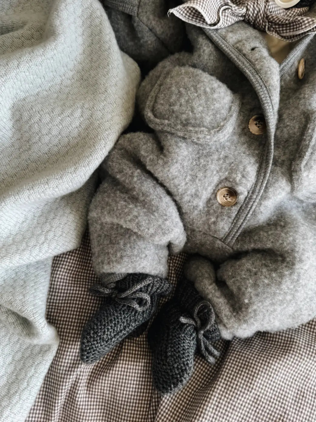 Lalaby baby boy look in shades of bluey, storm, elephant and tiny check brown