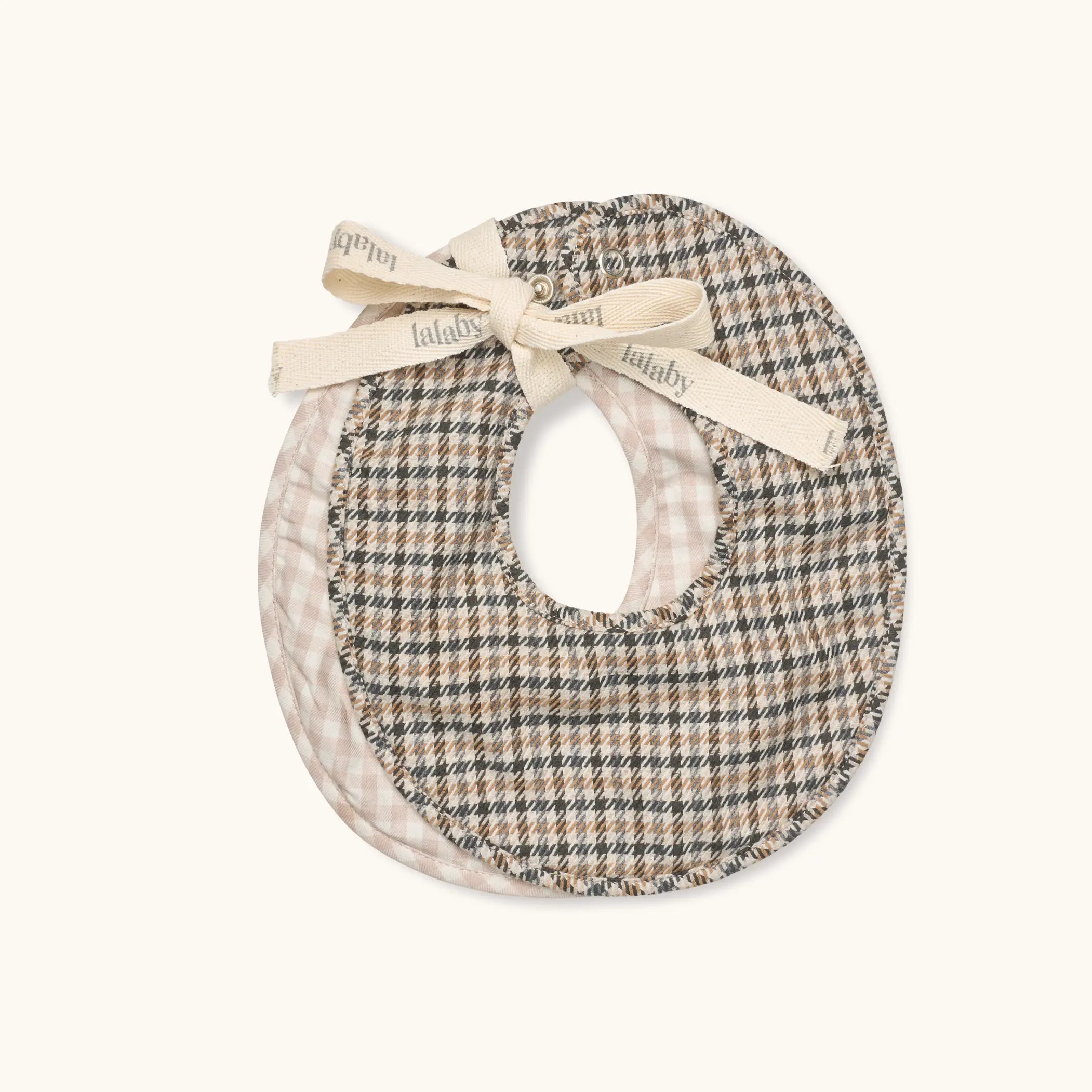 Lalaby set of Bibi bibs for babies in tweedy check and beige gingham organic cotton