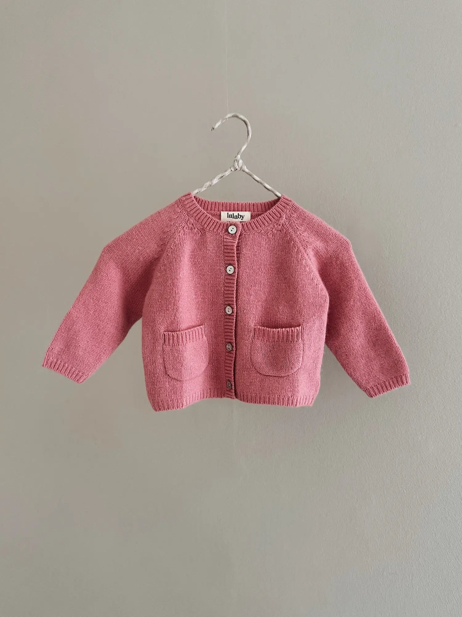 Lalaby Bobbie cardigan for babies in sorbet pink cashmere