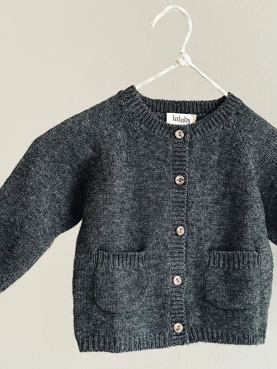 Lalaby Bobbie cardigan for babies in storm grey cashmere