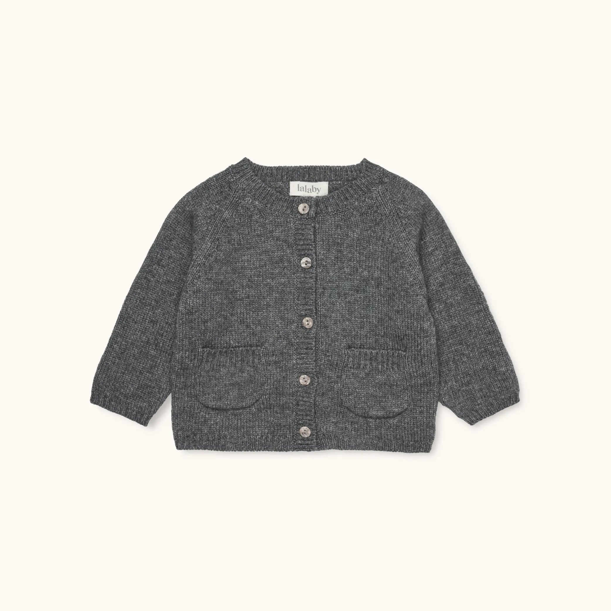 Lalaby Bobbie cardigan for babies in storm grey cashmere