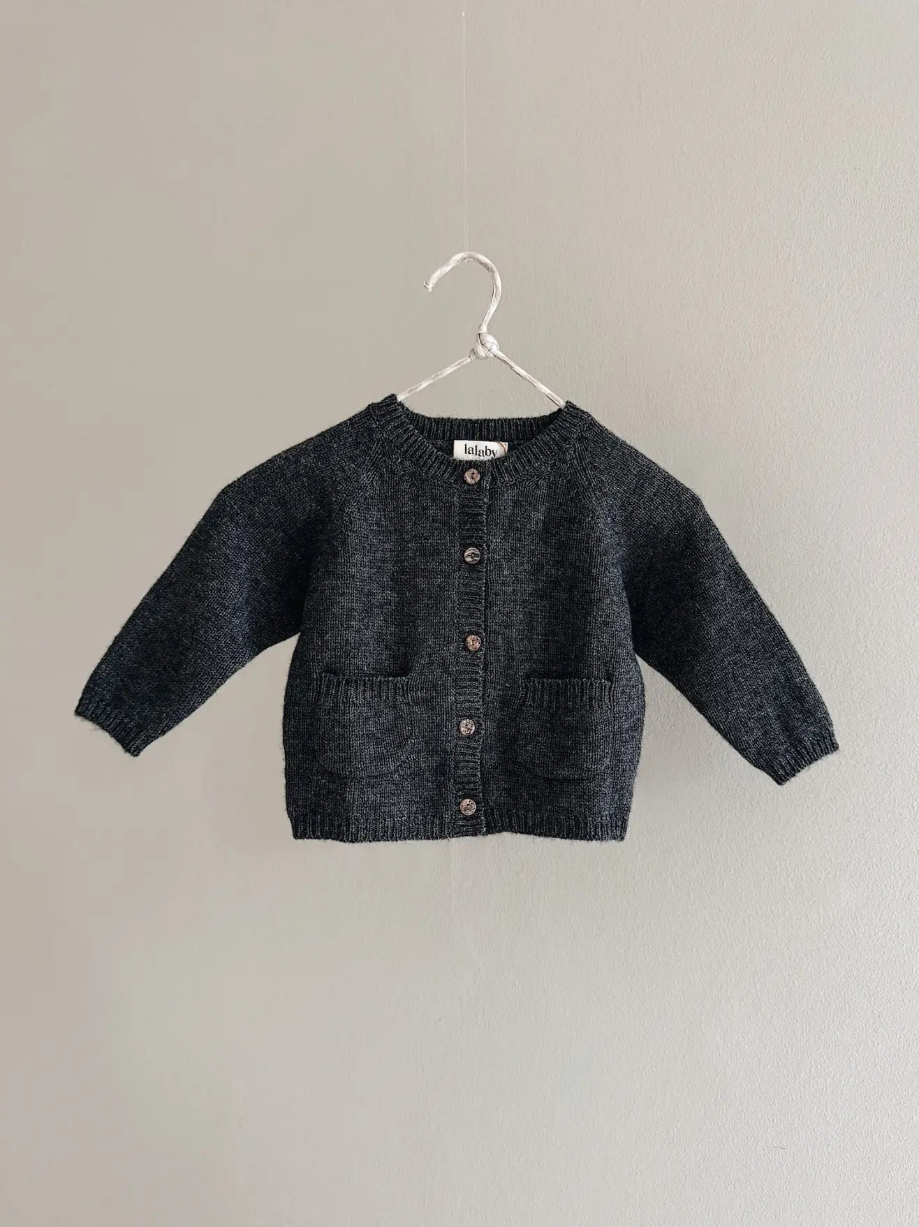 Lalaby Bobbie cardigan for babies in storm grey cashmere