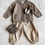 Baby outfit with Lalaby Bobbie cardigan and Alpha shoes in toast brown cashmere