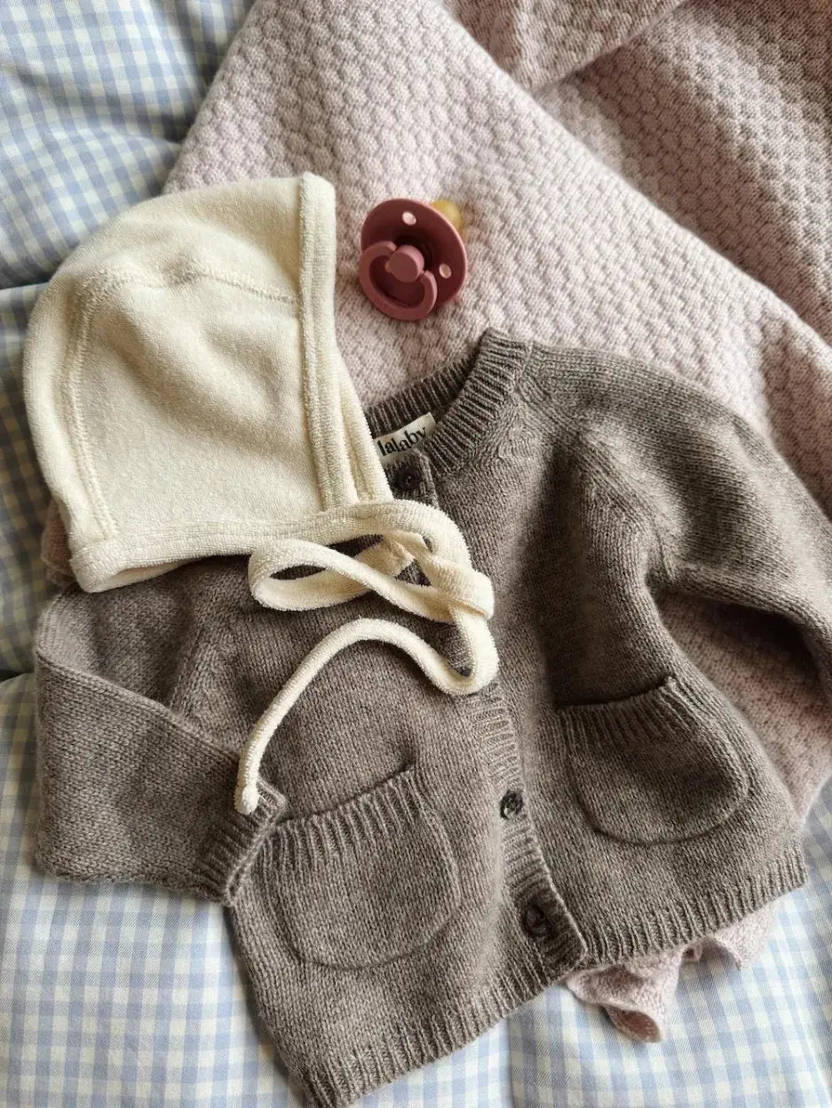Lalaby baby outfit with Bobbie cardigan in toast brown cashmere