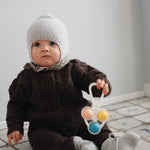 Baby boy wearing Lalaby knitted Bobo hat and Alpha shoes in bluey light blue cashmere