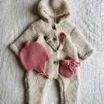 Lalaby baby outfit with knitted Bobo hat and Alpha shoes in sorbet pink cashmere