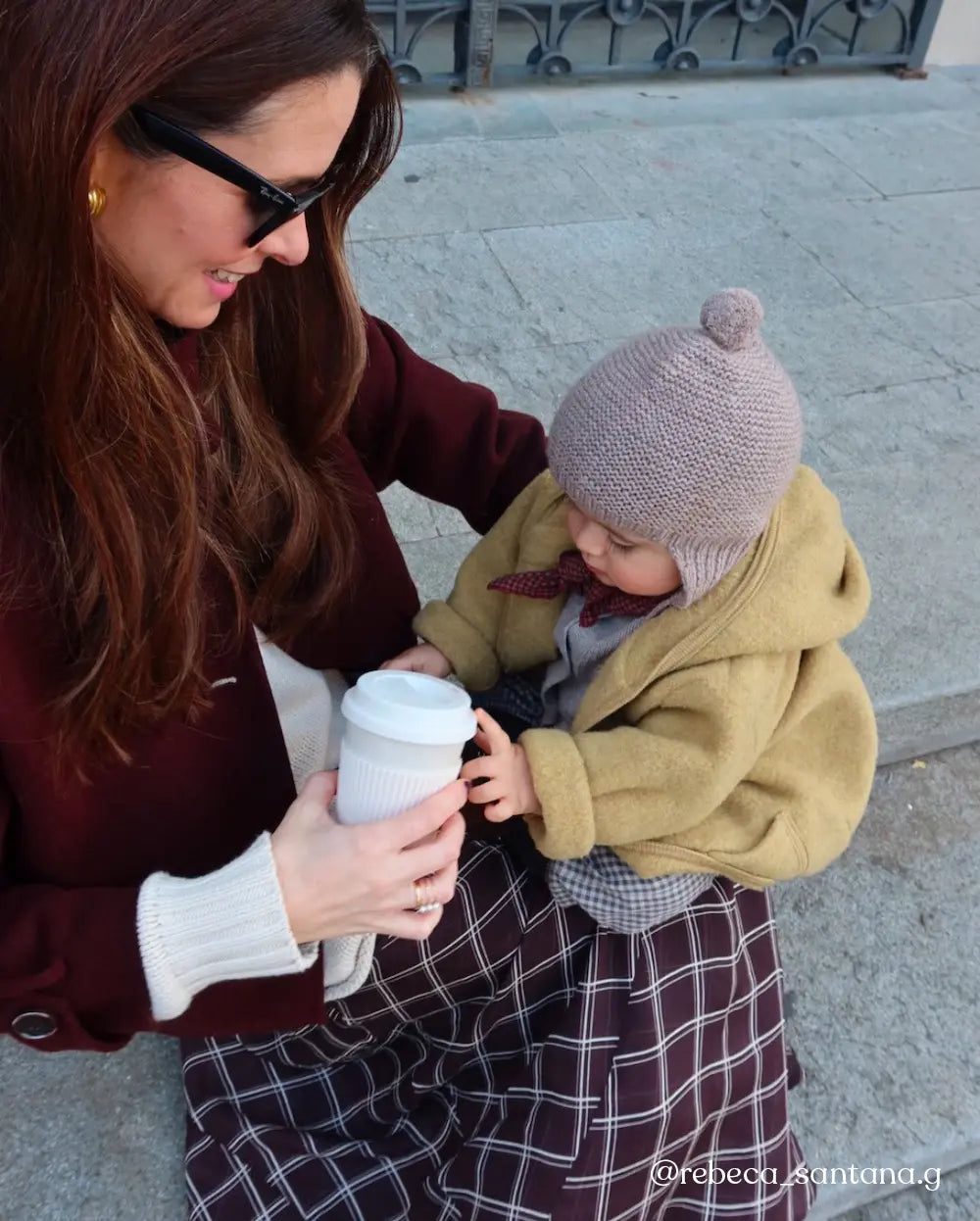 Baby wearing Lalaby knitted Bobo hat in toast brown cashmere