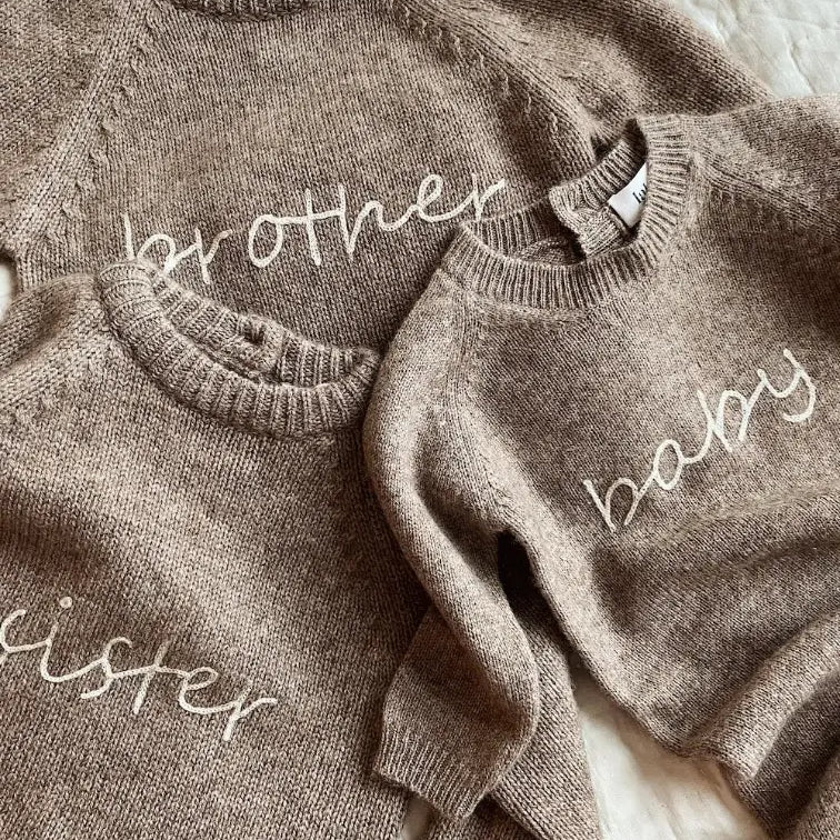 Lalaby Brother sweater and Sister sweater for kids, and aspen jumpsuit for babies in a millet brown baby wool, yak and cashmere blend