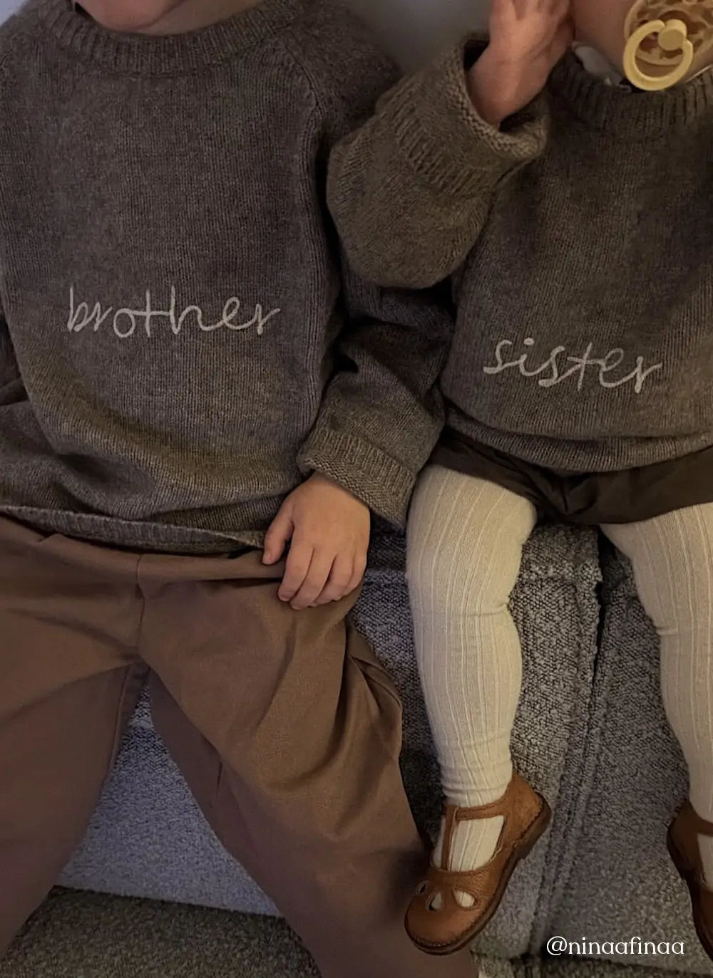 Siblings wearing Lalaby Brother and Sister sweater for kids in a millet brown baby wool, yak and cashmere blend