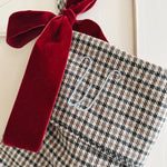 Lalaby Christmas stocking in tweedy check brown with blue hand embroidery
