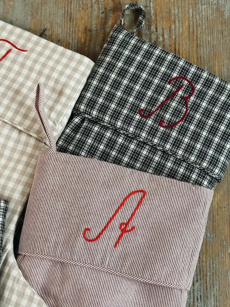 Lalaby Christmas stockings with hand embroidered letters