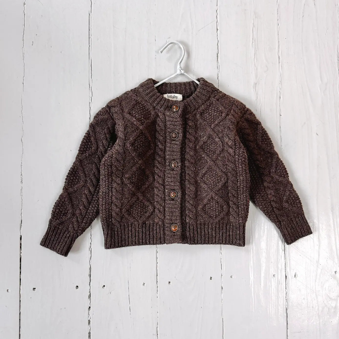 Lalaby Coby cardigan for kids in chocolate brown merino wool
