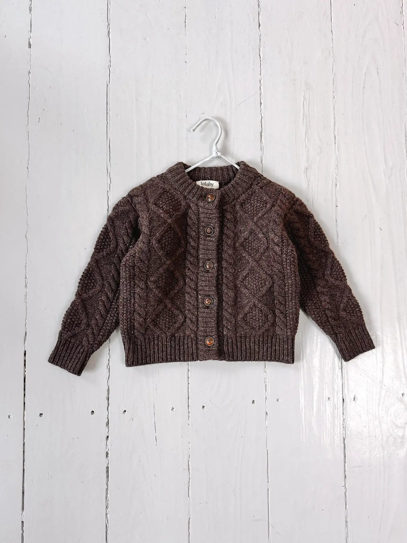 Lalaby Coby cardigan for kids in chocolate brown merino wool