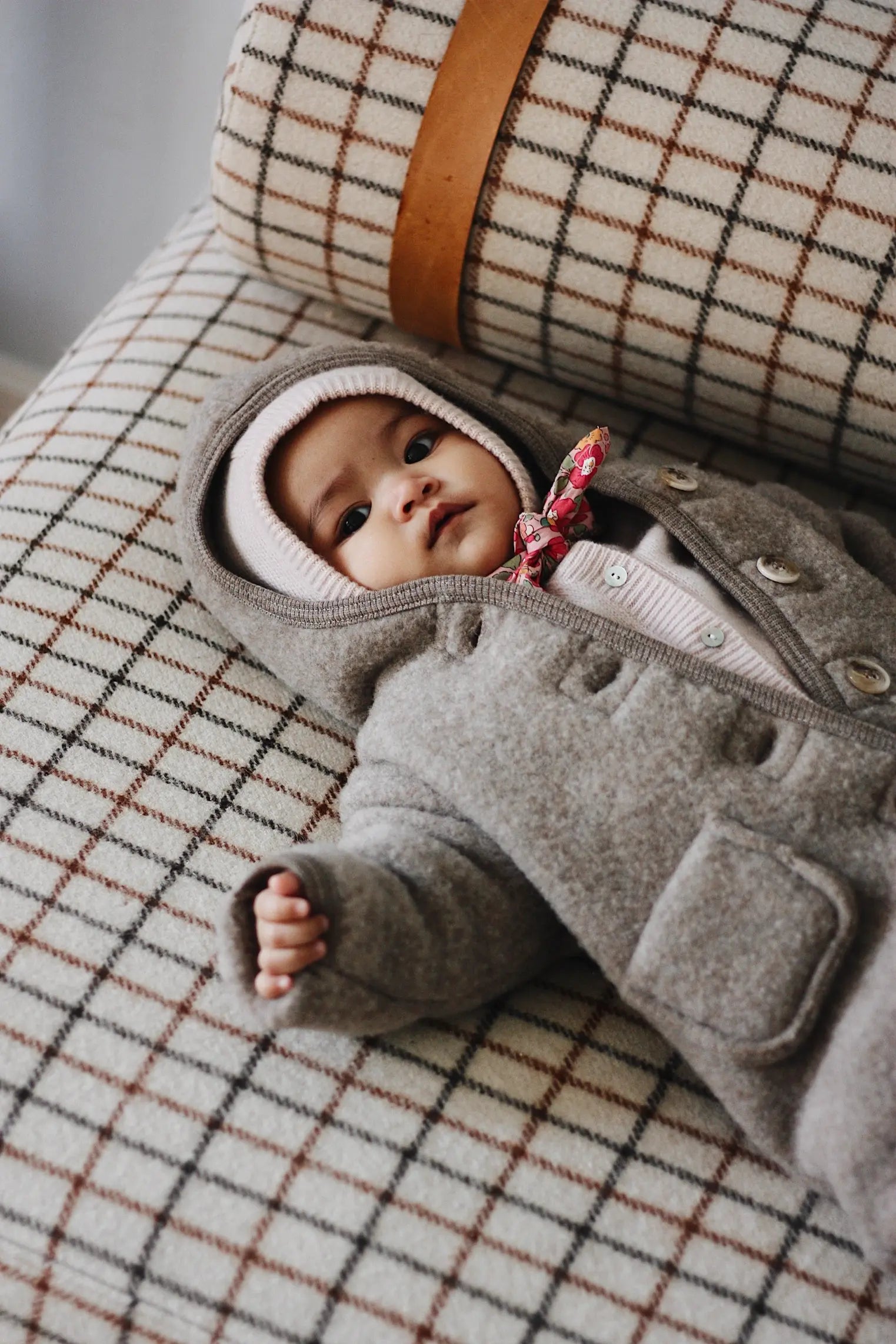 Baby girl wearing Lalaby Eddie scarf for babies and kids in Berry besty pink liberty organic cotton