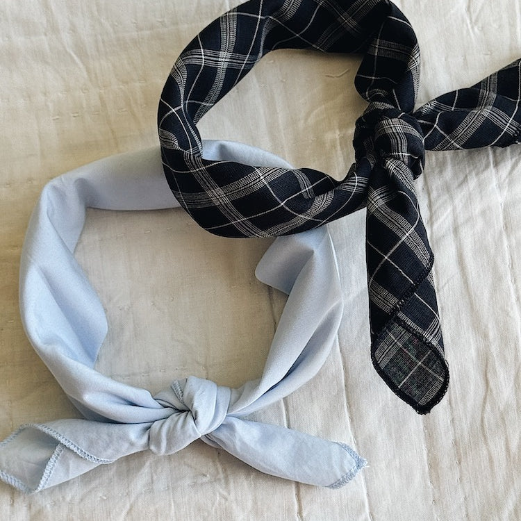 Two Lalaby Eddie scarfs in sky blue and blue check organic cotton, for babies and kids
