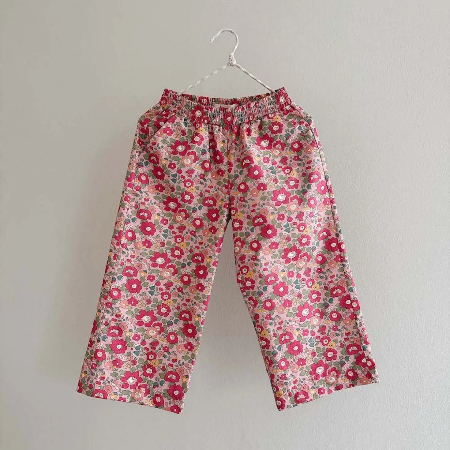 Lalaby Frankie pants for kids in berry betsy pink liberty organic cotton