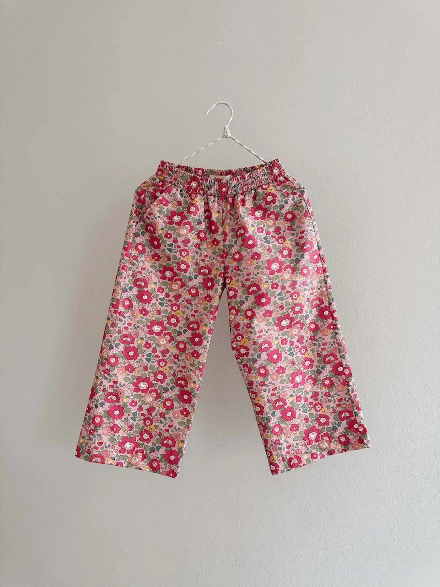 Lalaby Frankie pants for kids in berry betsy pink liberty organic cotton