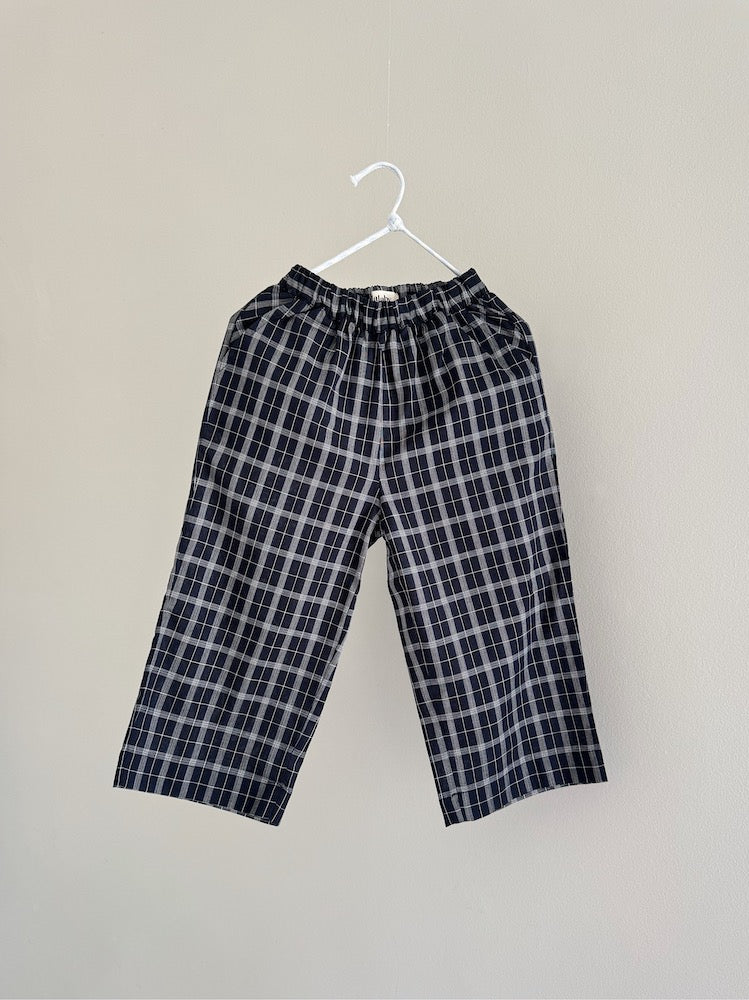 Lalaby Frankie pants for kids in blue check, made from organic cotton