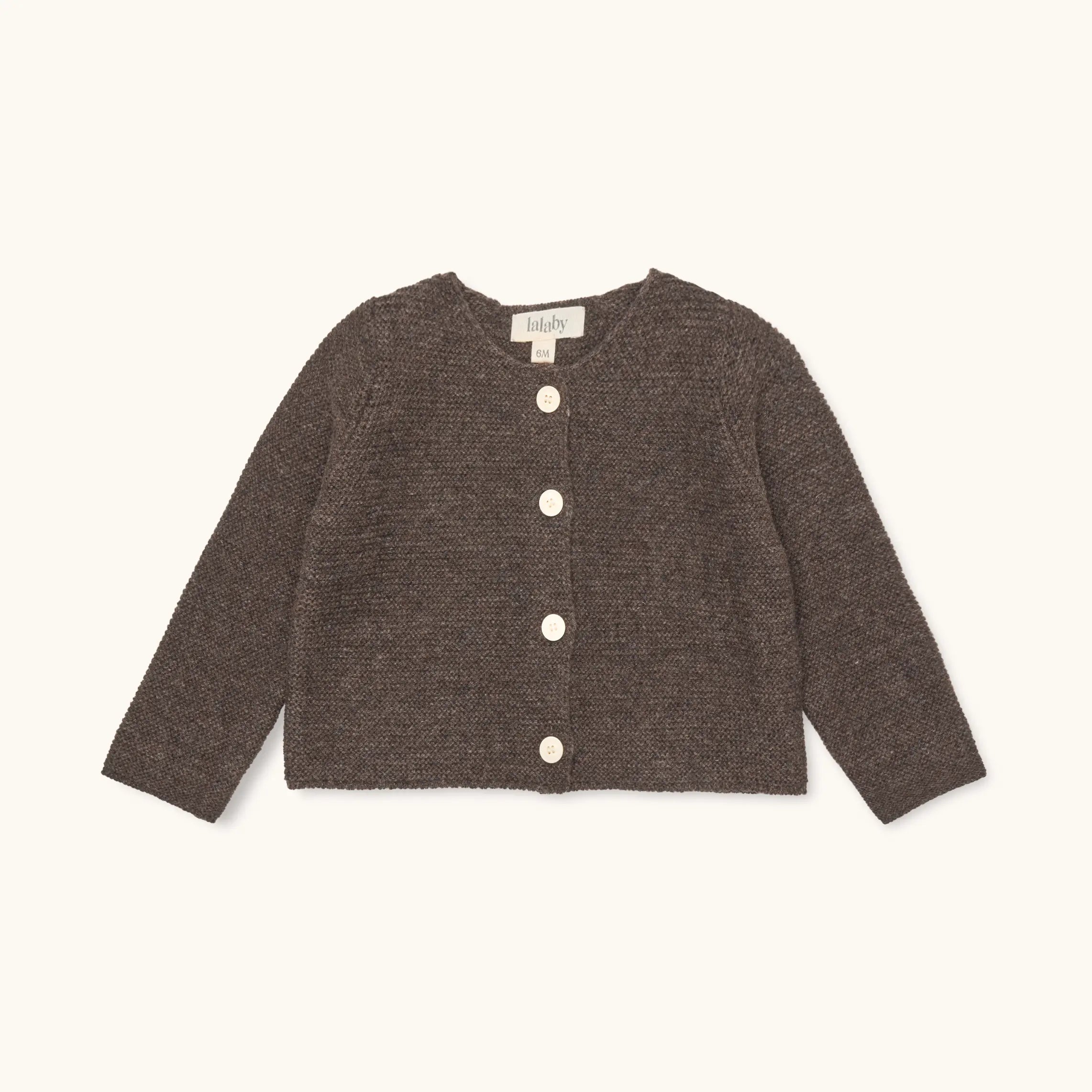 Lalaby Kuro cardigan for babies in chocolate brown merino wool