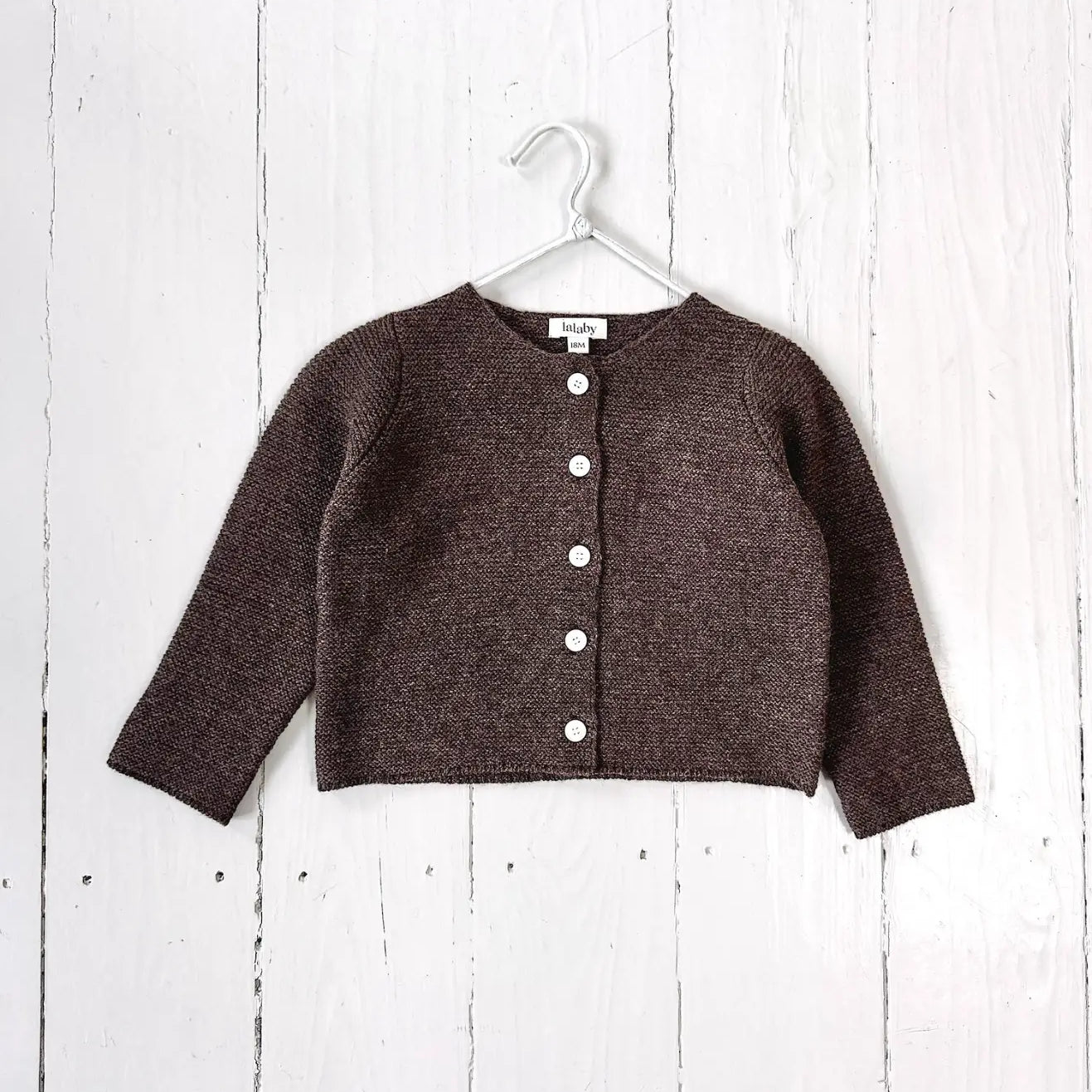 Lalaby Kuro cardigan for babies in chocolate brown merino wool